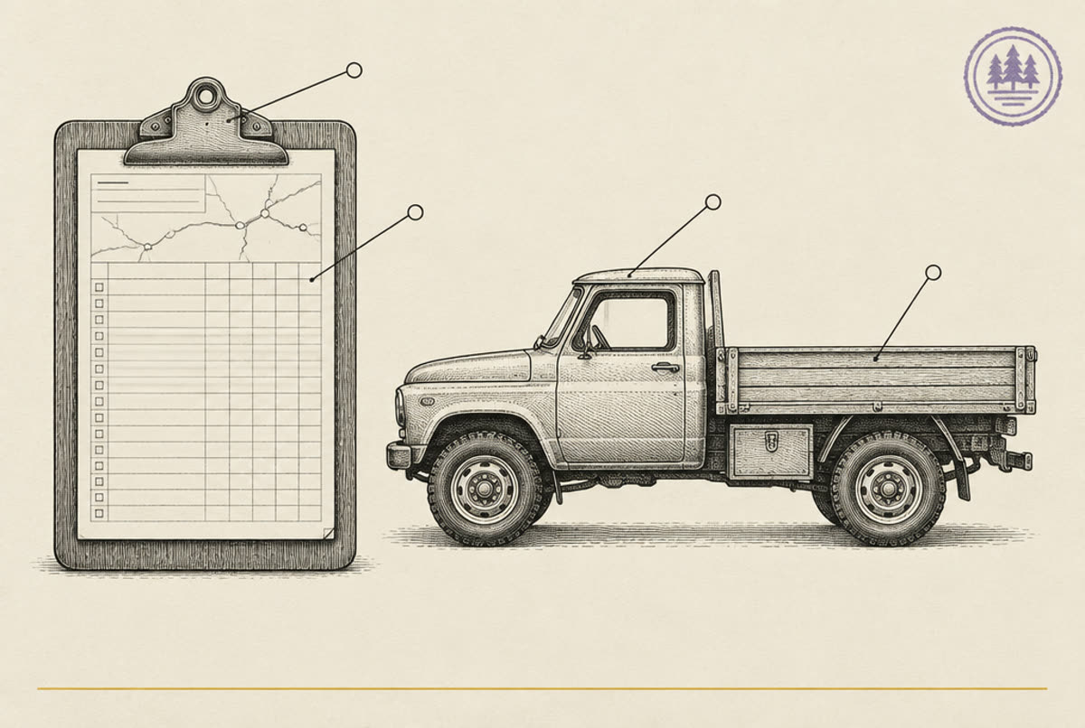 An engraved catalog plate: a clipboard with a route sheet beside a small work truck.