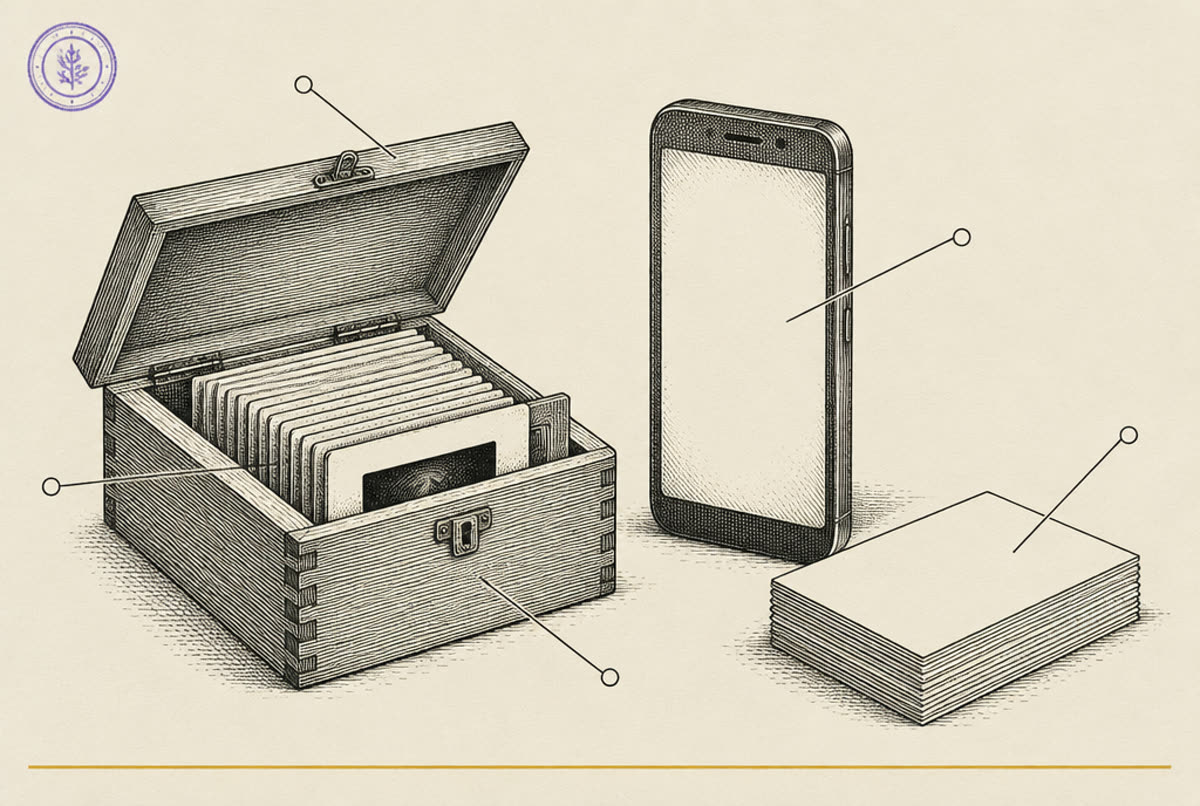 An engraved catalog plate: a slide box and an upright telephone showing a blank lesson card, index cards beside.