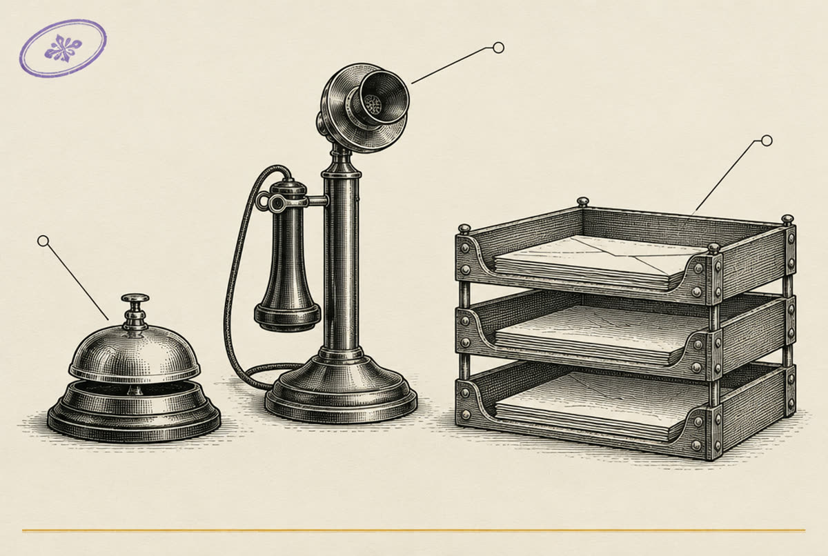 An engraved catalog plate: a front-desk bell beside a candlestick telephone and three letter trays.