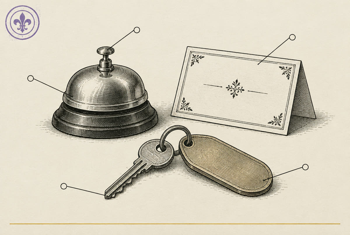 An engraved catalog plate: a house key on a brass tag beside a service bell and a folded card.