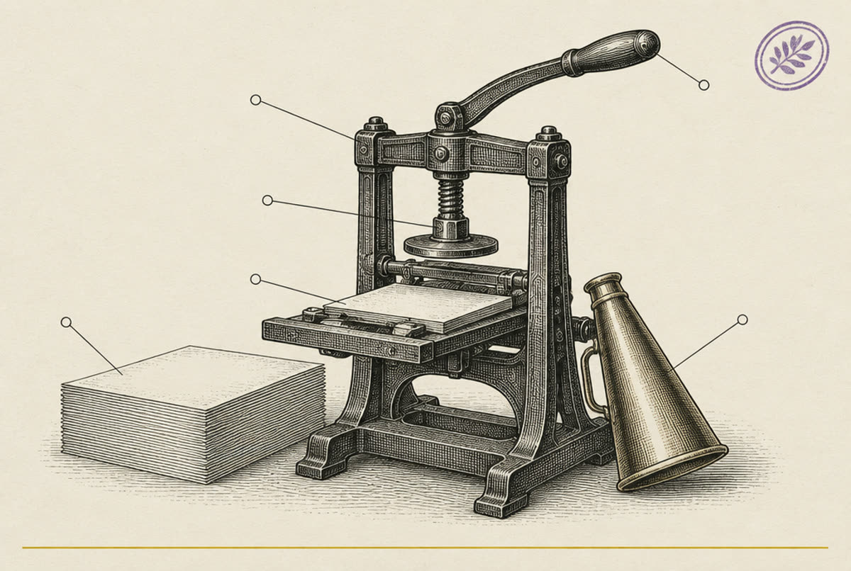 An engraved catalog plate: a small hand printing press with blank broadsheets and a brass megaphone.