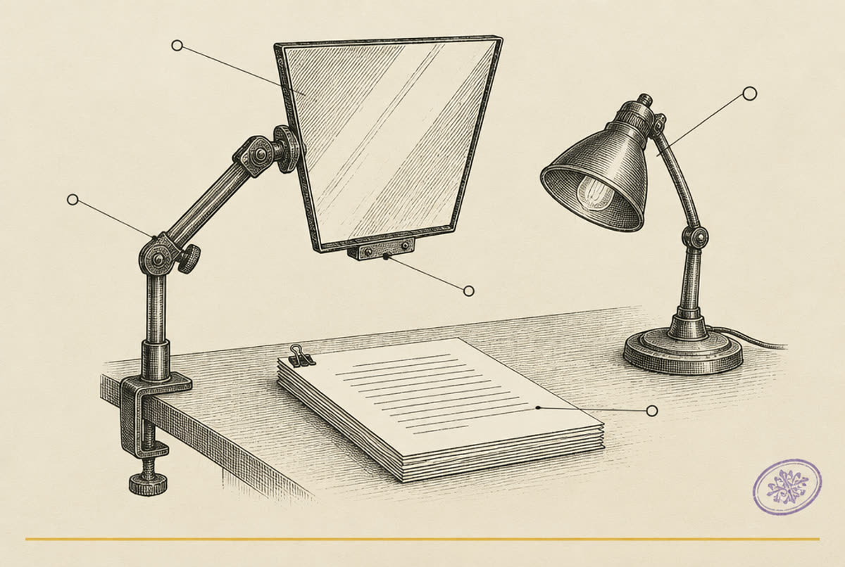 An engraved catalog plate: a desk teleprompter on an arm beside a desk lamp and script pages.