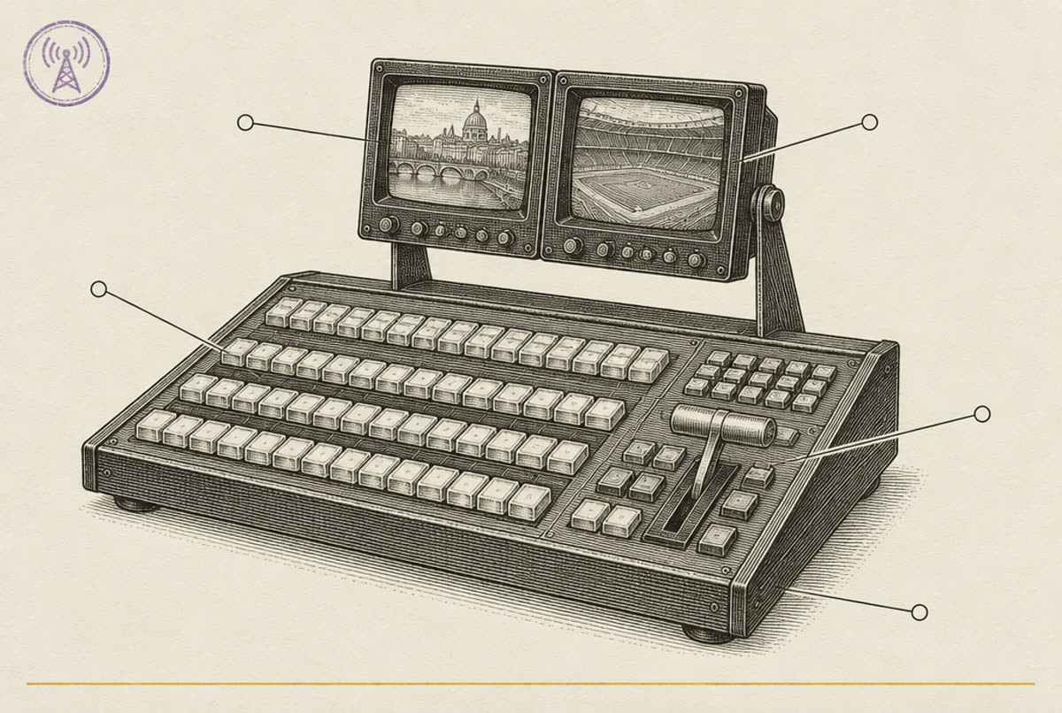 An engraved catalog plate: a broadcast switcher console with two small monitors.