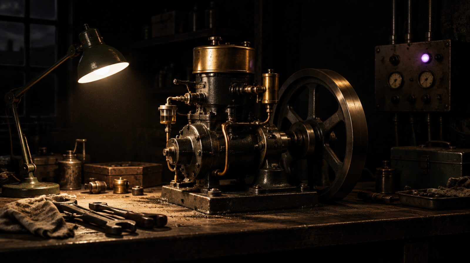 A brass and iron engine on a workbench under one warm lamp