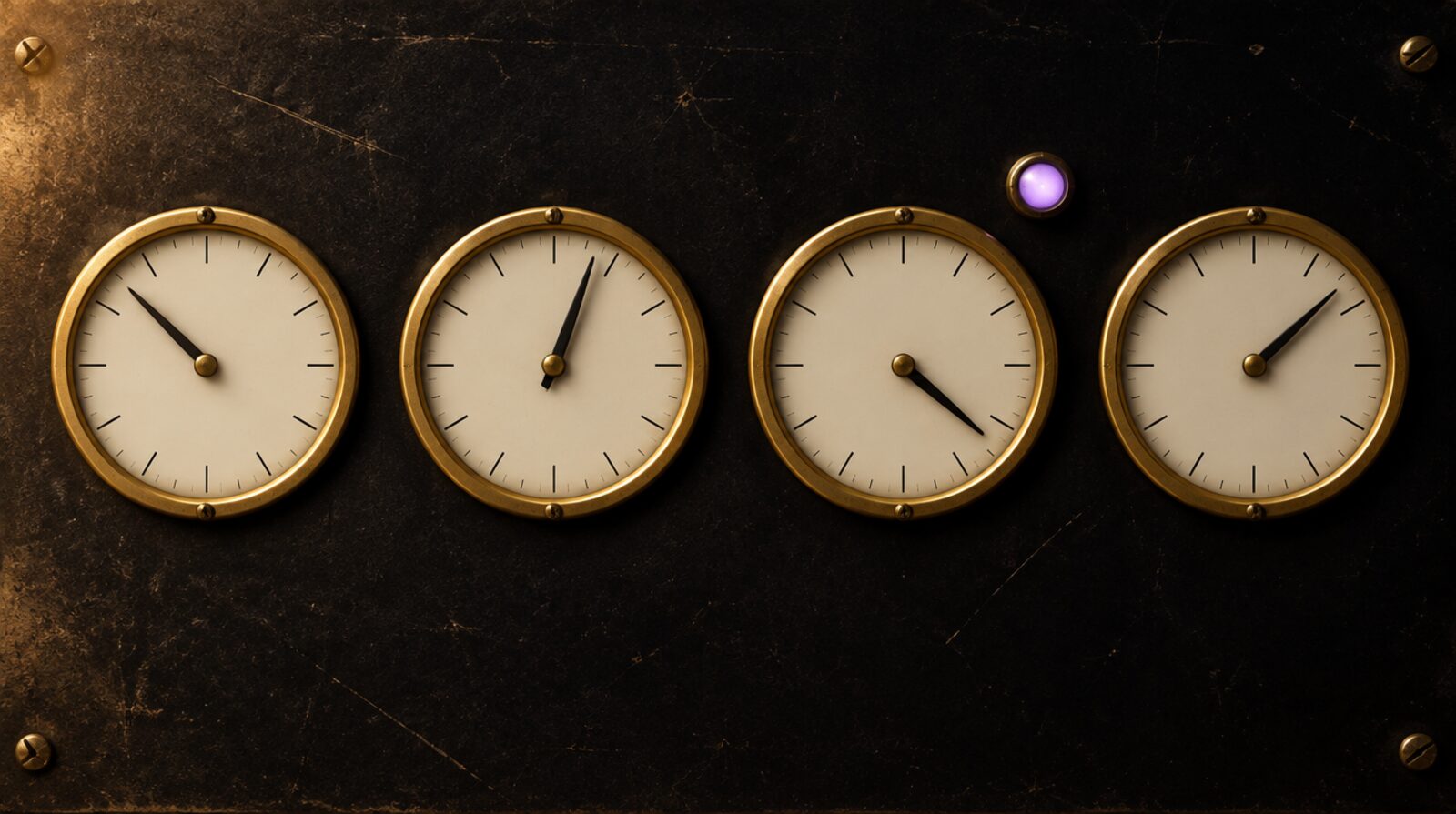 Four brass gauges on a dark steel panel