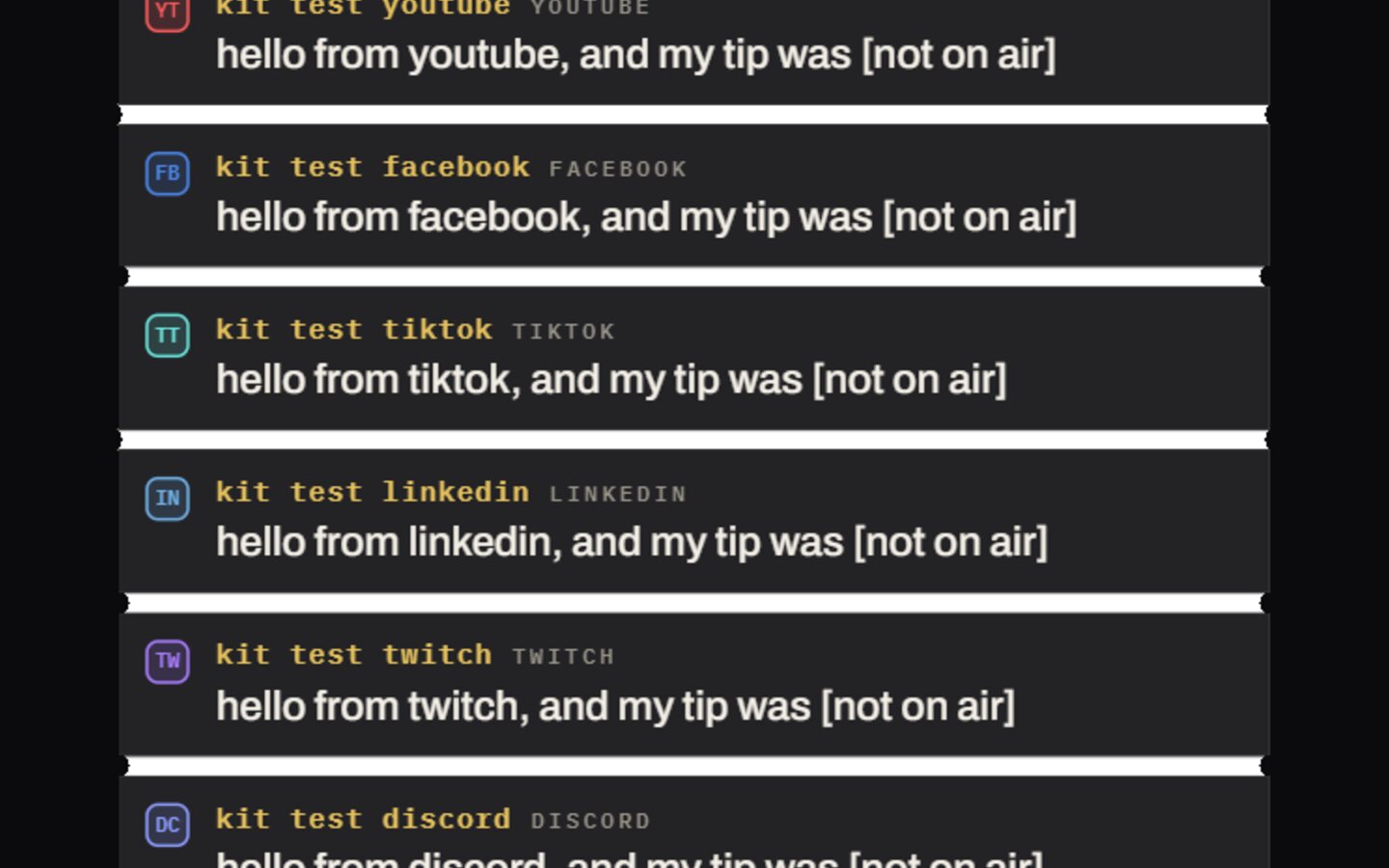 Six chat lines in one rail, each with its platform mark: YouTube, Facebook, TikTok, LinkedIn, Twitch, Discord