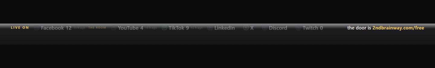 The Live On strip: Facebook, YouTube, TikTok, LinkedIn, X, Discord, Twitch, with viewer counts, and the door on the right