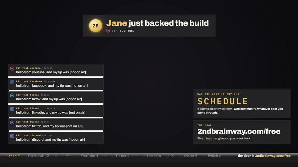A live show overlay with a merged chat rail from several platforms, a supporter moment and the schedule card, using test messages.