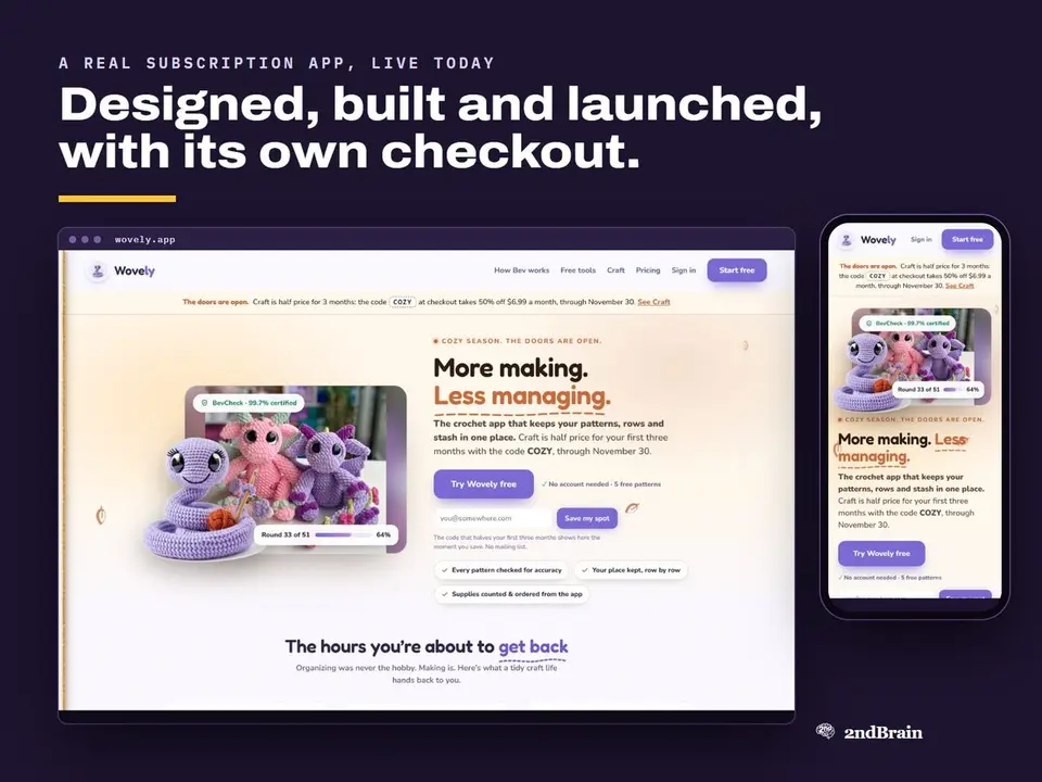 The Wovely site on desktop and phone: a crochet app with its own checkout.