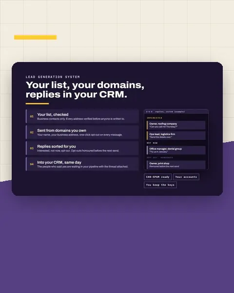 The Outbound Engine screen: your list checked, sent from your domains, replies sorted into your CRM